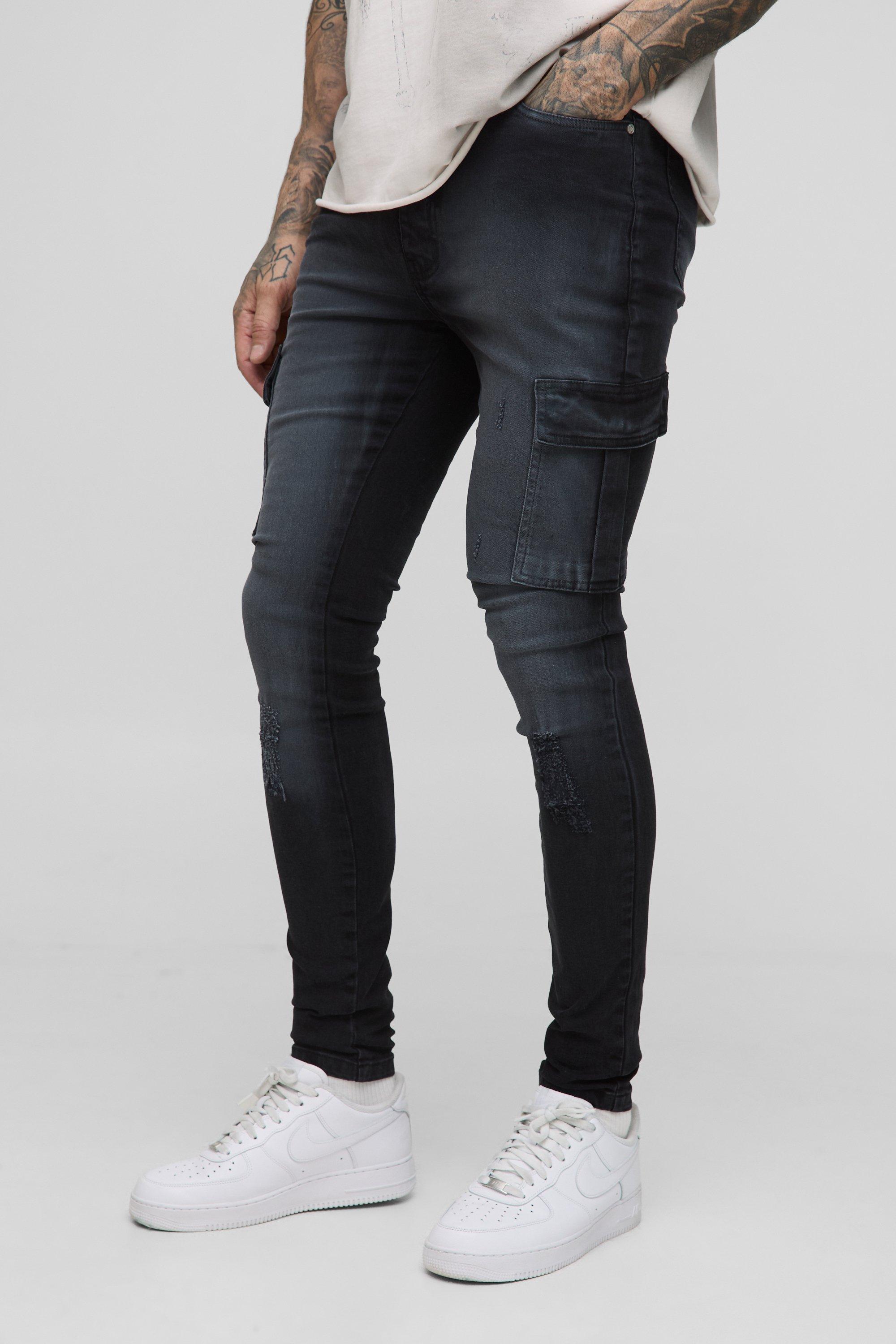Mens Black Tall Distressed Super Skinny Cargo Jeans, Black